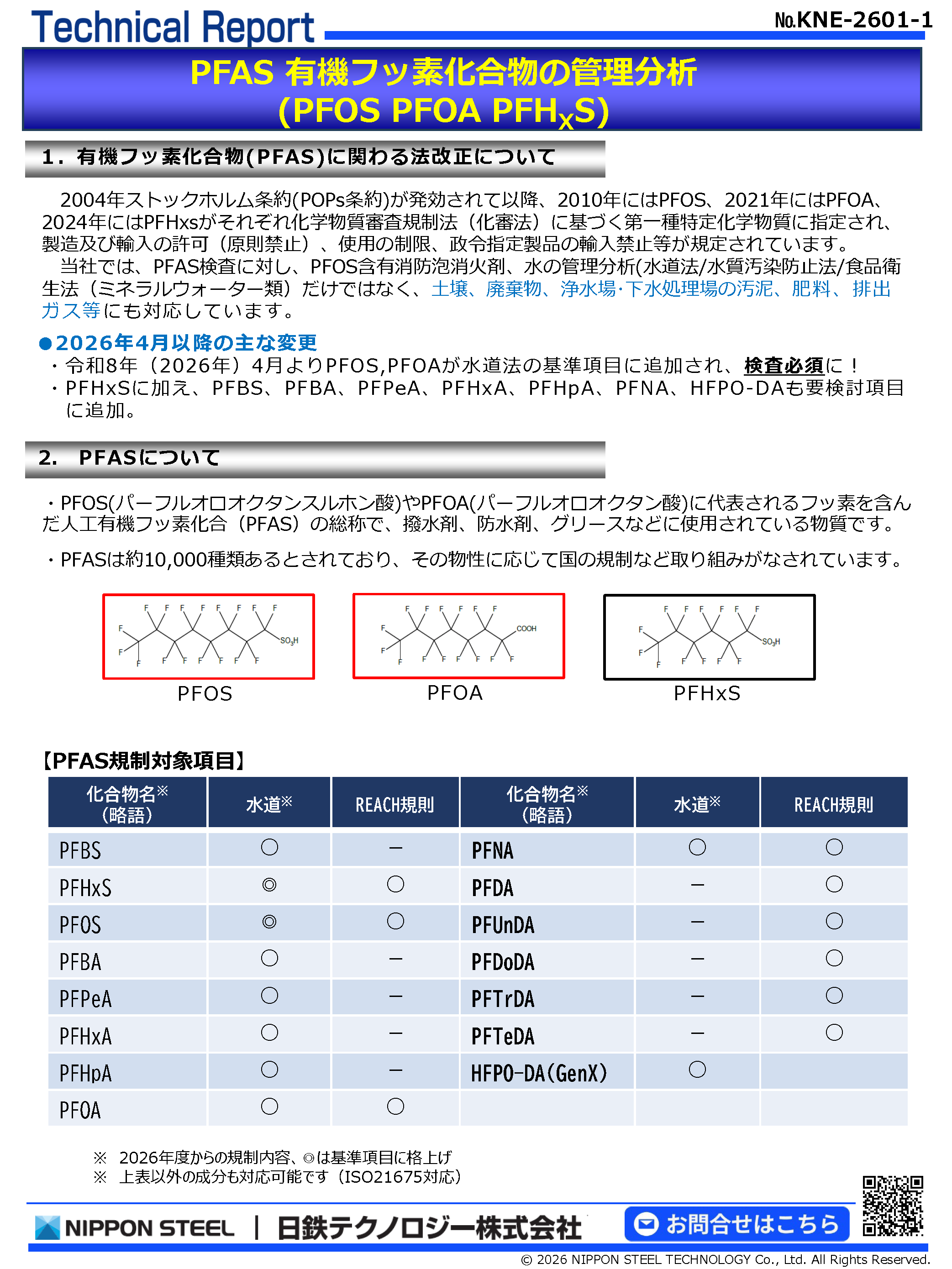KNE-2601 PFAS 有機フッ素化合物の管理分析(PFOS PFOA PFHXS)