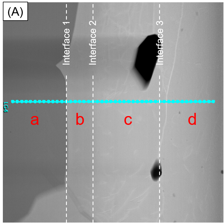 Fig.1 (A)水色点列:STEM-EDSライン分析位置