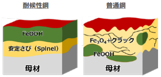 耐候性鋼と普通鋼のさび構造模式図