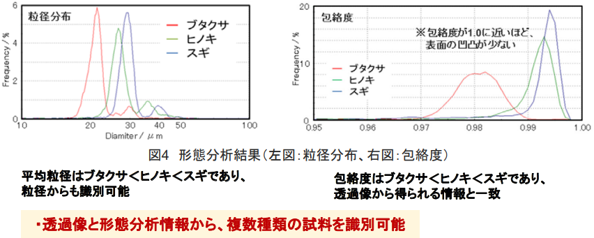 図4 形態分析結果(左図:粒径分布、右図:包絡度)